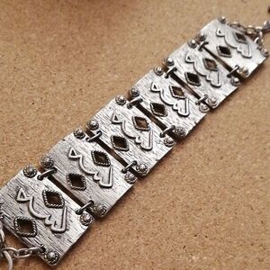 Unisex Silver Tone Ottoman Style Tribal Vintage Panel Bracelet 8" Long
